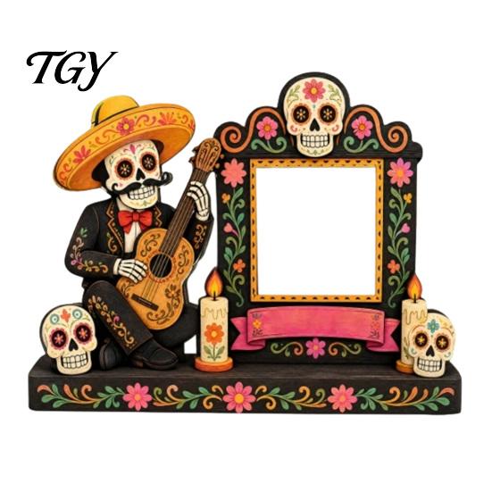 Unique Mexican Culture Gift Day of The Dead Photo Frame, Vivid Floral Sugar Bone Patterns Print, Traditional Altar Ornaments Katrina Skeleton