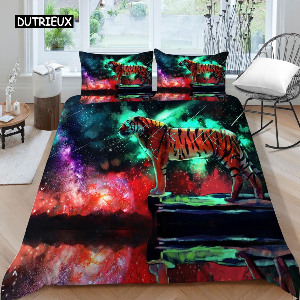 Комплект постельного белья 3D, черный пододеяльник, комплект стеганого одеяла, наволочка, размер King Queen, полиэстер с принтом тигра и животных
