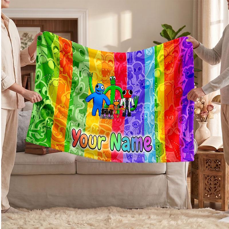 Rainbow Friends Personalized Flannel Blanket, Custom Printed Text Name, Warm Soft Blanket For Couch Bed