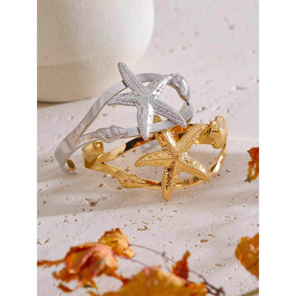 Yhpup Ocean Style Metal Starfish Shell Open Distinctive Bracelet Bangle Waterproof Stainless Steel Summer Holiday Jewellery New