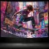 2D Street Skater Boy in Colorful City Wall Tapestry Graffiti Art Background Cloth for Living Room Home Decor