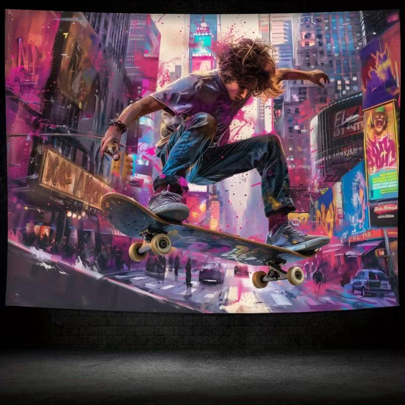 2D Street Skater Boy in Colorful City Wall Tapestry Graffiti Art Background Cloth for Living Room Home Decor