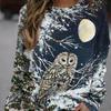 Women's Long Sleeve Casual Owl Printed Sweatshirt Round Neck with Moon and Snowy Branches Multicolor