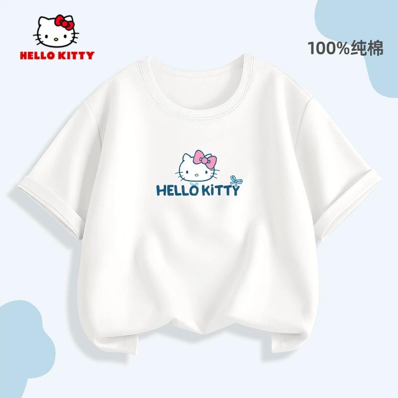 Летняя детская футболка 2026 года Мягкая Милая Мультяшный Принт Hello Kitty Одежда для Родителей и Детей Чистый Хлопок Повседневный Топ для Мальчиков и Девочек