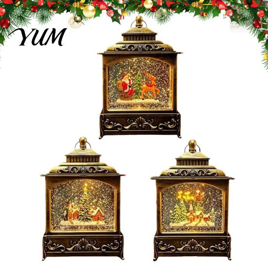 Christmas Snow Lantern Ball Lantern, Vintage Santa Claus/Tree/Reindeer Water Swirling Desktop Music Box Light Holiday Night for Window Entryway