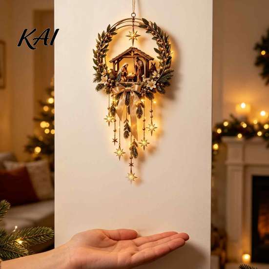 Hanging Star Decoration with Lights Lighted Nativity Door Swag, Bethlehem of Faith Wall Decor, Light-up Holy Illuminated Decor Family for Christmas