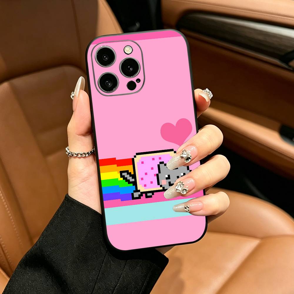 Милый Чехол-Кот N-Nyan -C- Для iPhone 12 13 14 15 16 17 Pro Max, Легкий и практичный Мягкий Черный Чехол