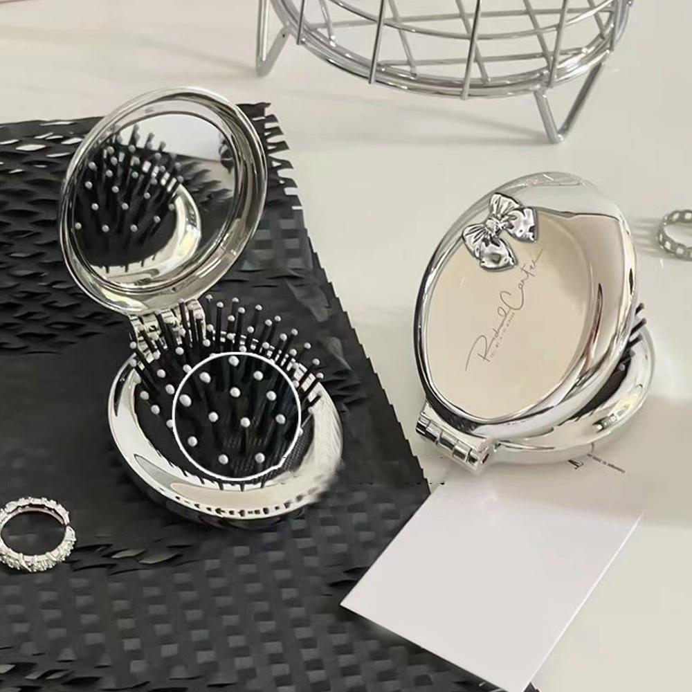 Портативная мини-серебряная карманная расческа для девочек и женщин, круглая, маленькая дорожная массажная щетка для волос с зеркалом, аксессуары для укладки