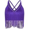 Womens Salsa Dance Top Latin Performance Wear V Neck Sleeveless Crop Top Crisscross Back Fringe Detail