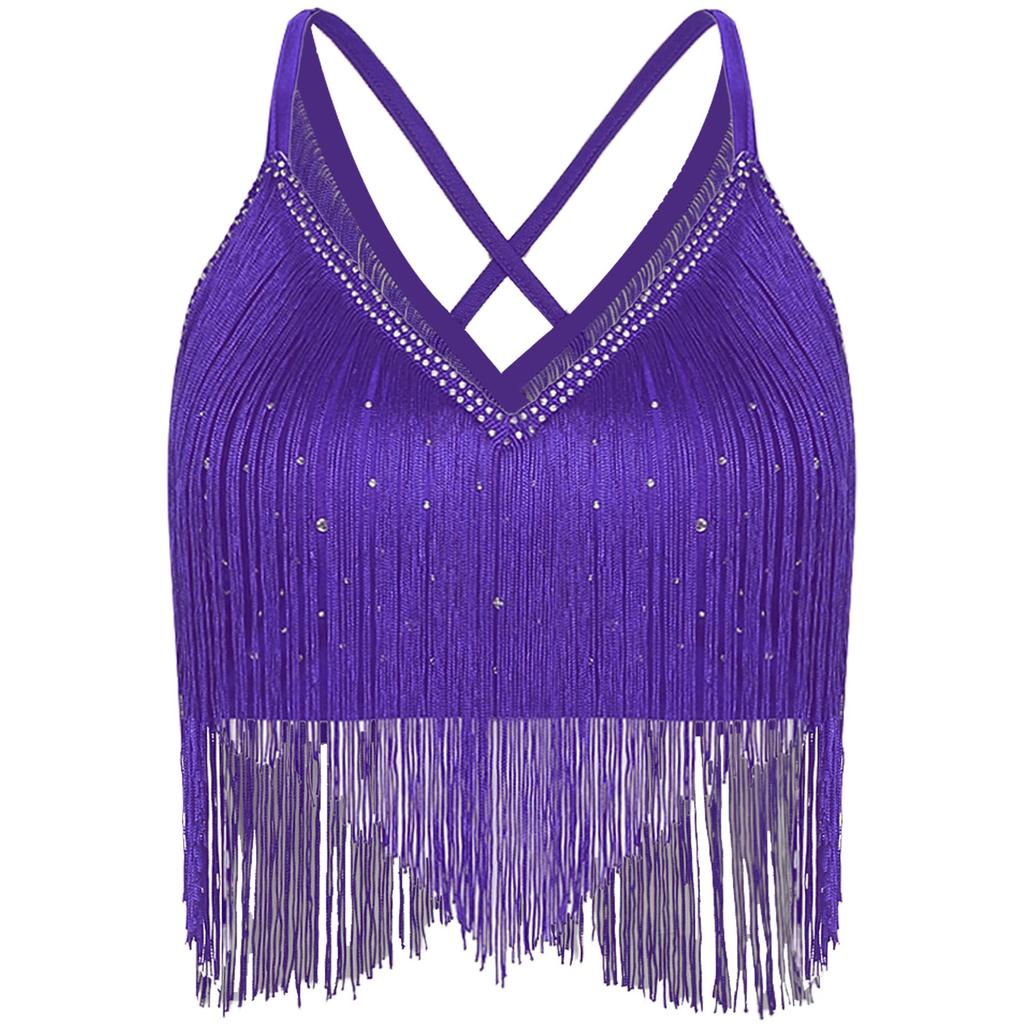 Womens Salsa Dance Top Latin Performance Wear V Neck Sleeveless Crop Top Crisscross Back Fringe Detail