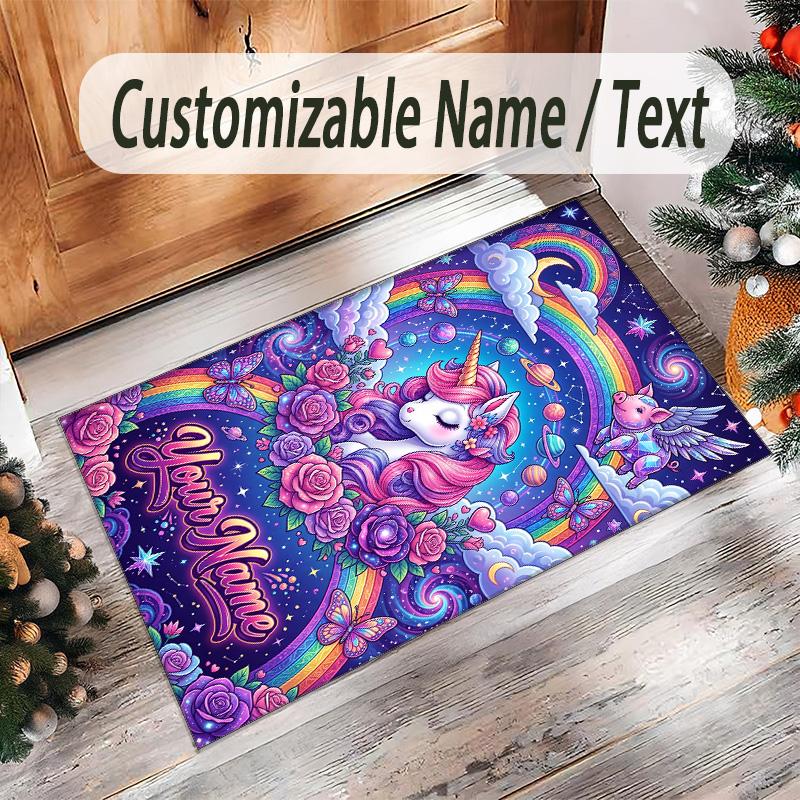 Unicorn Theme Crystal Velvet Floor Rug Personalized Custom Name Text Warm Carpet Home Decoration
