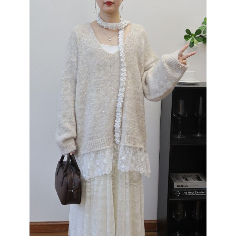 Autumn New Splicing Lace Sequins Design Sense Neck Sweater Pullover Loose Sweet Knitted Sweater Top Women
