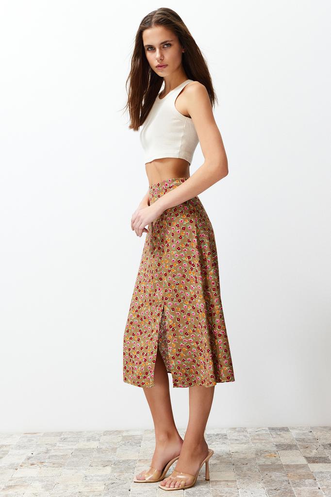 Women's Fashion Purple Printed High Waist Midi Stretchy Knitted Skirt with Gather Detail and Flounce