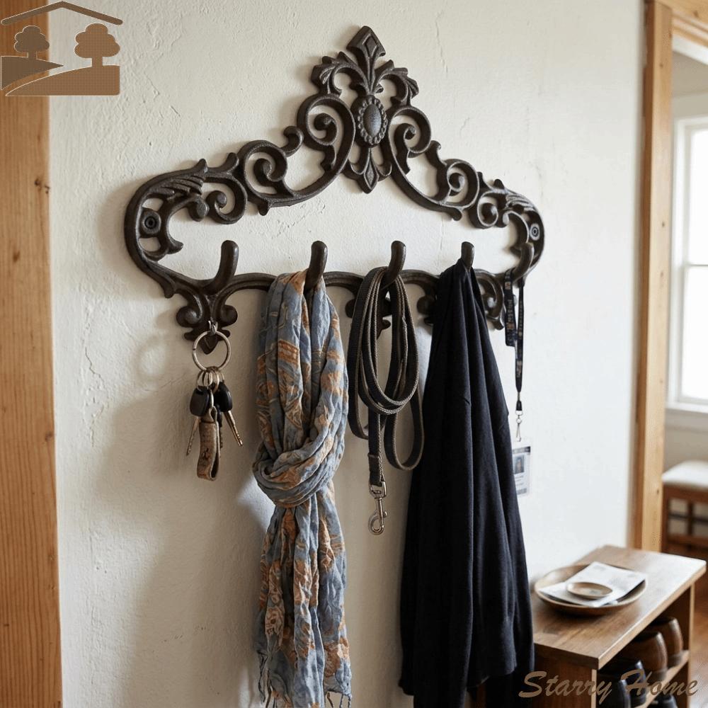Retro Vintage Wrought Iron Hook Cast Iron Floral Texture Wall Mount Hanging Shelf Multi-functional Space Saving Key Hooks