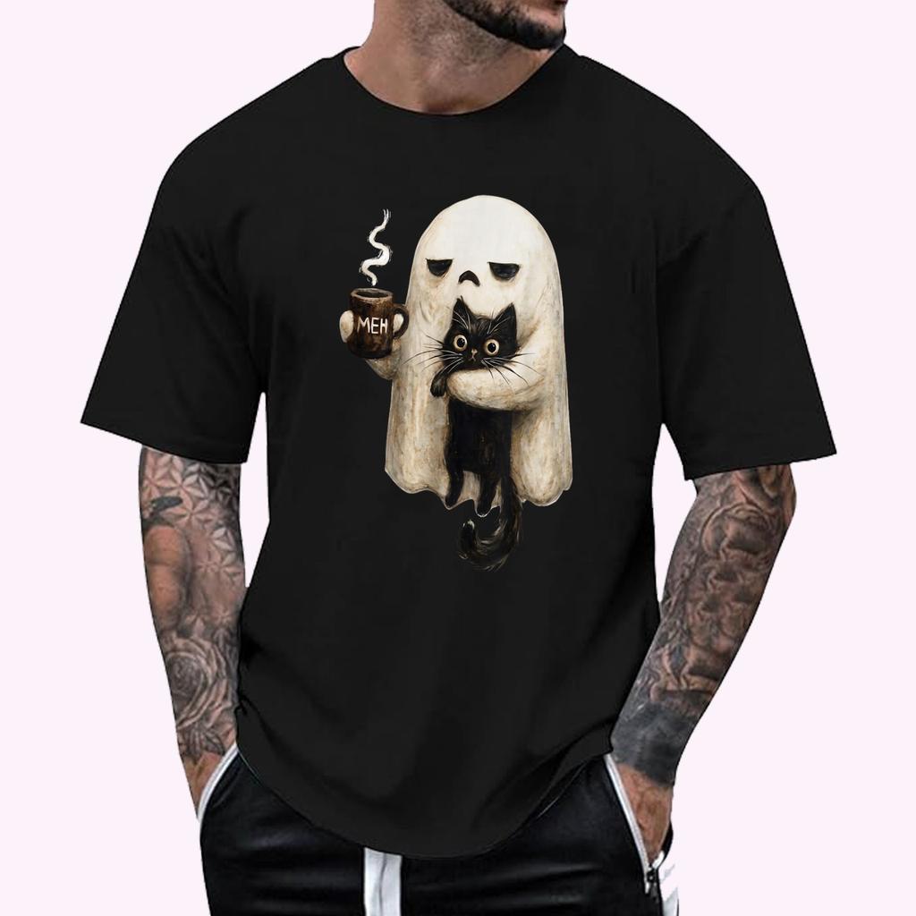 Retro Funny Boojee Ghost Holding Black Cat Cozy Hot Latte T-Shirt Unisex T-Shirt