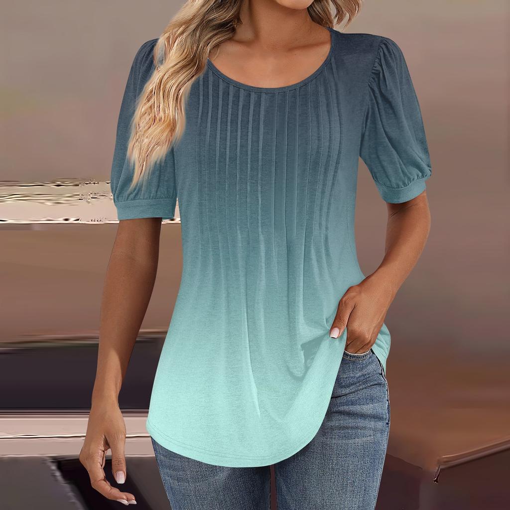 Женские пышные туники с короткими рукавами, топы, плиссированные блузки с воротником, повседневные свободные весенне-летние футболки