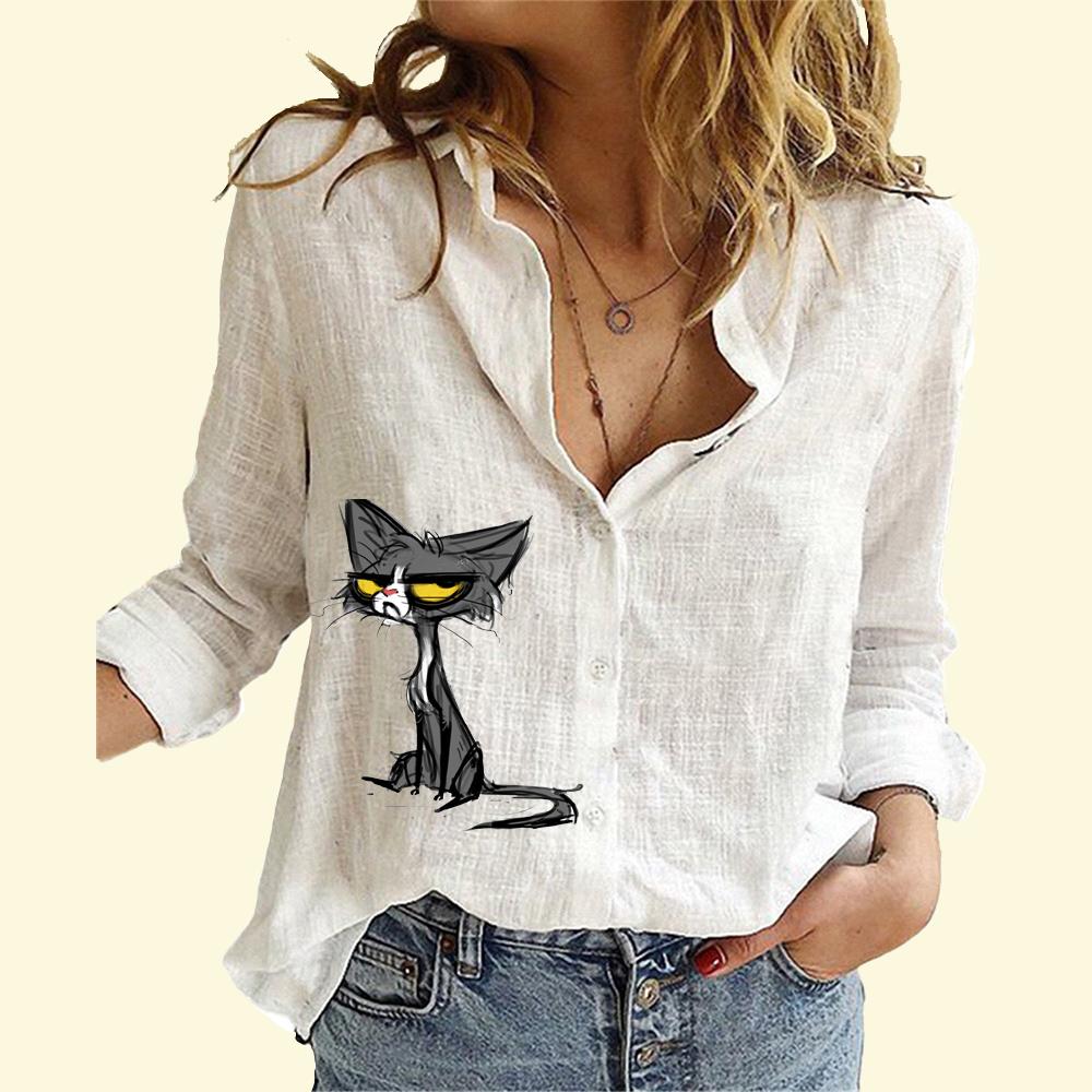 Женская мода хлопок льняная рубашка повседневная тонкая с длинными рукавами женская кошачья блузка на пуговицах