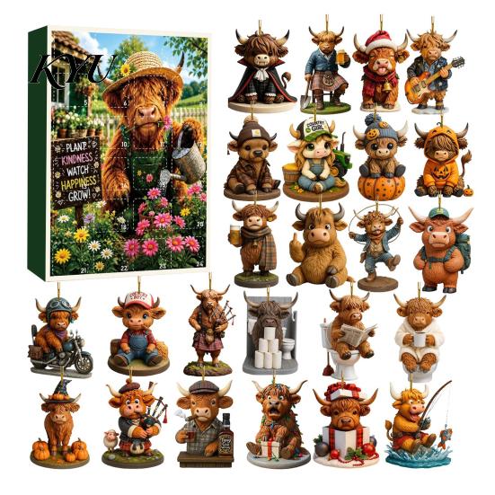 Christmas Tree Wall Bag Decorations 2026 Highland Cow Advent Calendar, 2D Flat Acrylic Unique Ornament Series Ornaments, 24 Days Countdown Gift