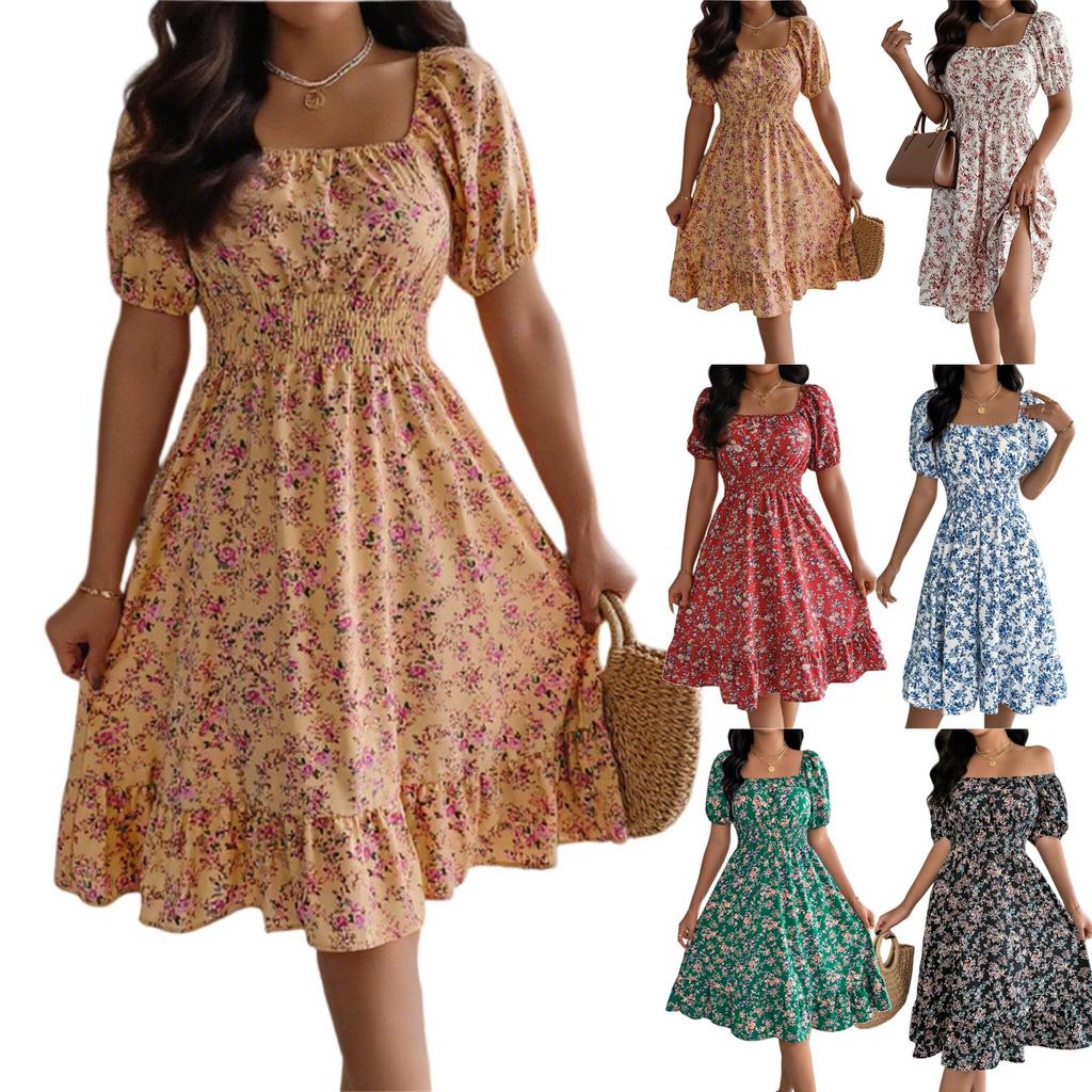 Women's Fashion Floral Print Square Neck Short Sleeve Waisted Ruffled A-Line Skirt