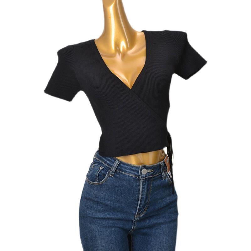 American Style Cross V-neck Side Waist Lace Up Slim Fit Short T-shirt Sexy Summer Short Sleeve High Elastic Midriff-Baring Top Women