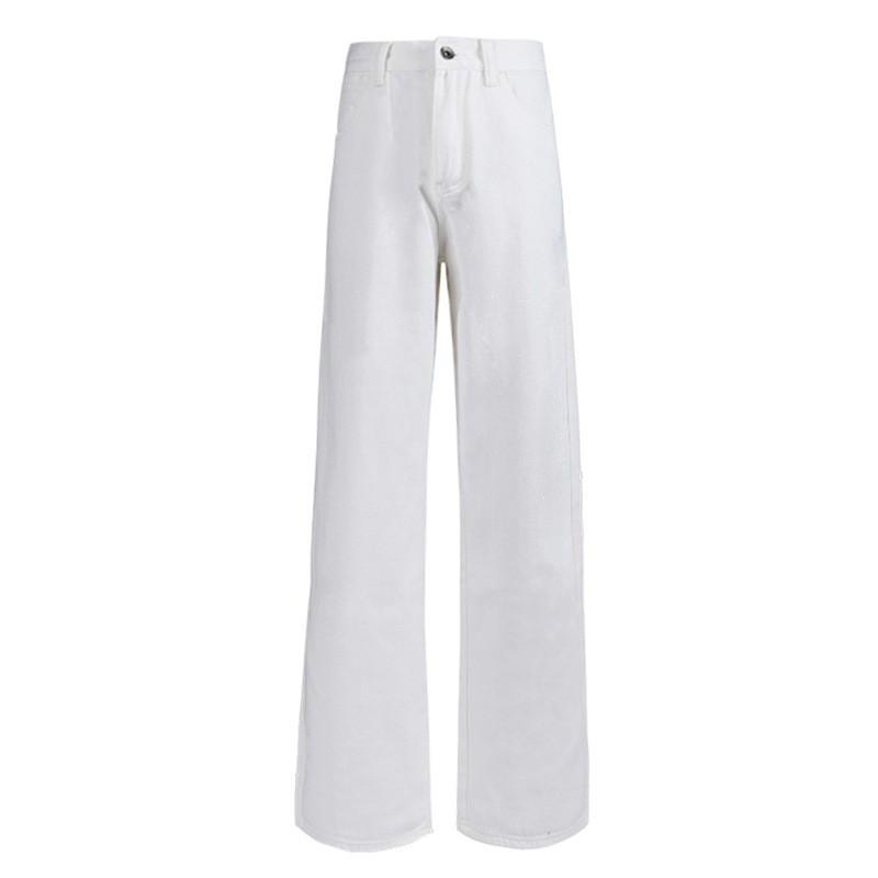 White High-Waisted Wide-Leg Denim Pants Women Loose Fit Flowy Straight Trousers
