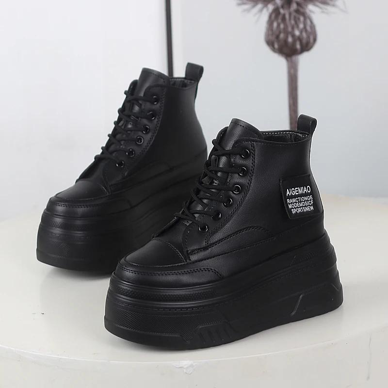 Мода 12 см Натуральная кожа Женские Повседневные Белые Туфли на платформе и танкетке, Обувь для скейтборда на скрытой танкетке, Обувь Вулканизированная, плюшевые Массивные Кроссовки