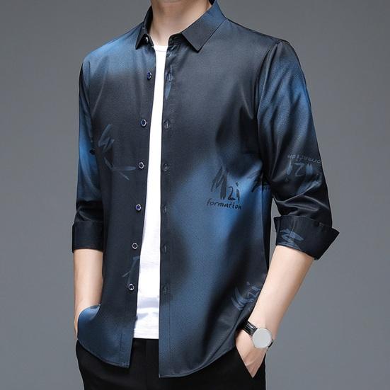 Мужская повседневная рубашка, весенне-осенняя однобортная рубашка с лацканами и длинными рукавами, топы с принтом, деловая рубашка против морщин