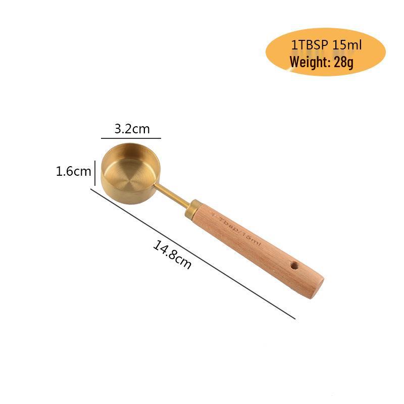 Gold-Plated Stainless Steel Measuring Cups & Spoons Set with Acacia Wood Handles - 8 Pieces