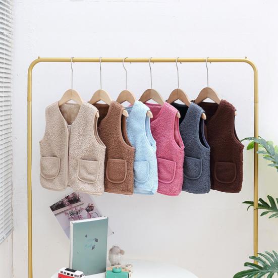 Детский флисовый жилет, безрукавка, однотонный, V-образный вырез, на молнии, с карманами, теплый зимний плюшевый жилет для мальчиков и девочек