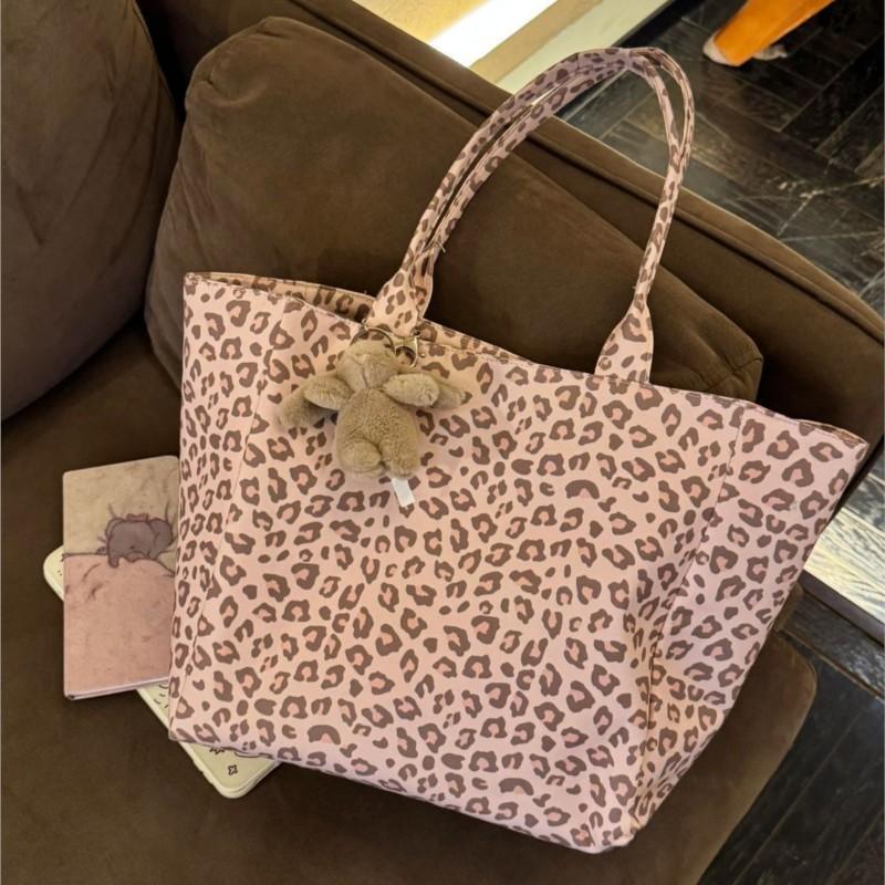 Hot Girl Sweet Cute Pink Leopard Handbag Women Large Capacity Canvas Shoulder Bag Ladies Everyday Commute Versatile Underarm Bag