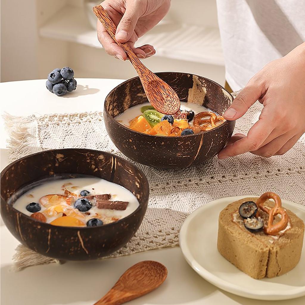 Natural Coconut Shell Bowl And Spoon Set For Serving Dishes Salad Wooden Reusable Kitchen Tableware Coconut Bowls Fruit Bowl