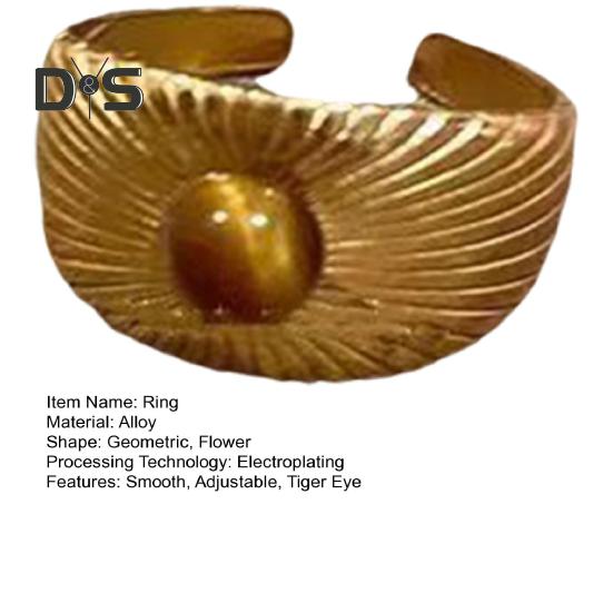 Кольцо с камнем тигровый глаз в форме цветка, ретро-золотое кольцо на указательный палец, гальваническое геометрическое широкое регулируемое кольцо для взрослых, клубных вечеринок, ювелирные изделия