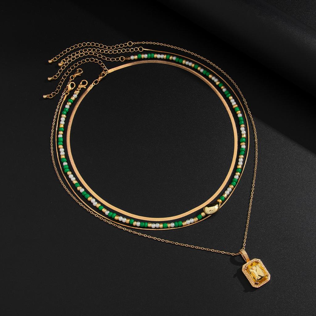 SHIXIN 4pcs/set Hip Hop Rhinestone Square Pendant Necklace for Men Trendy Cool Snake Chain Seed Beads Choker Jewelry on the neck