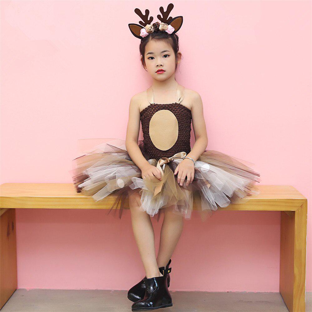 Костюм оленя для девочек, рождественское платье-пачка, нарядное платье с изображением лося и оленя на Хэллоуин, детская одежда для дня рождения для девочек