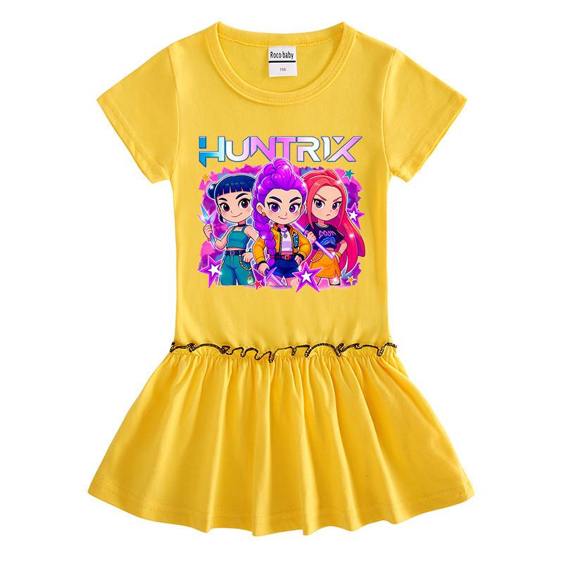 Girls Kpop Rumi Mira Zoey Hunters Print Raglan Ruffle Pleat Dress