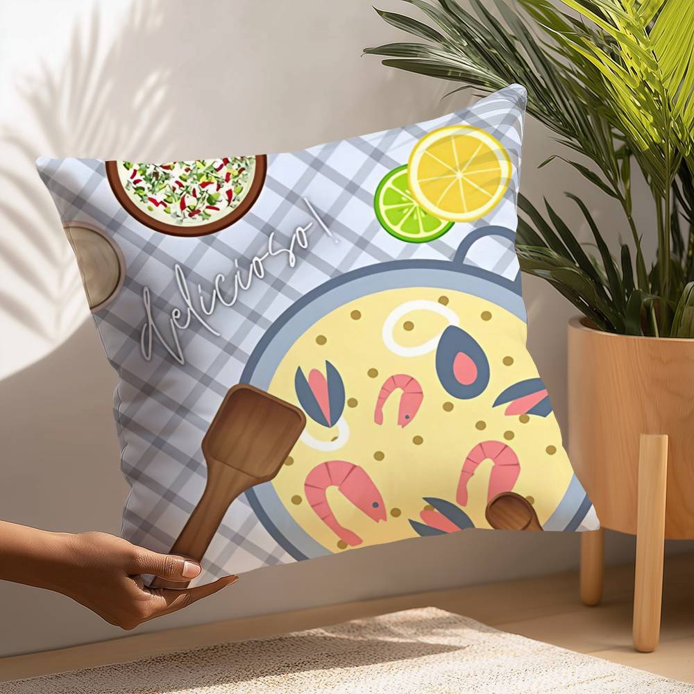 Food Paella Pizza Wall Art Pillow Case Sofa Decorative Home Double-sided Printing Short Plush Cushion Pillow Cover Holiday Gift