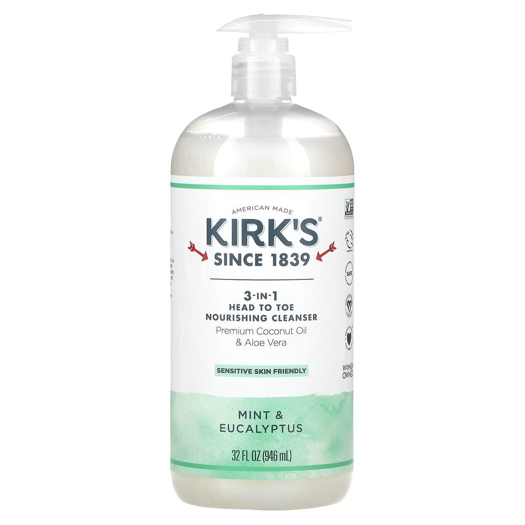 Kirk's, 3-in-1 Head To Toe Nourishing Cleanser, Mint and Eucalyptus, 32 Fl Oz (946 Ml)