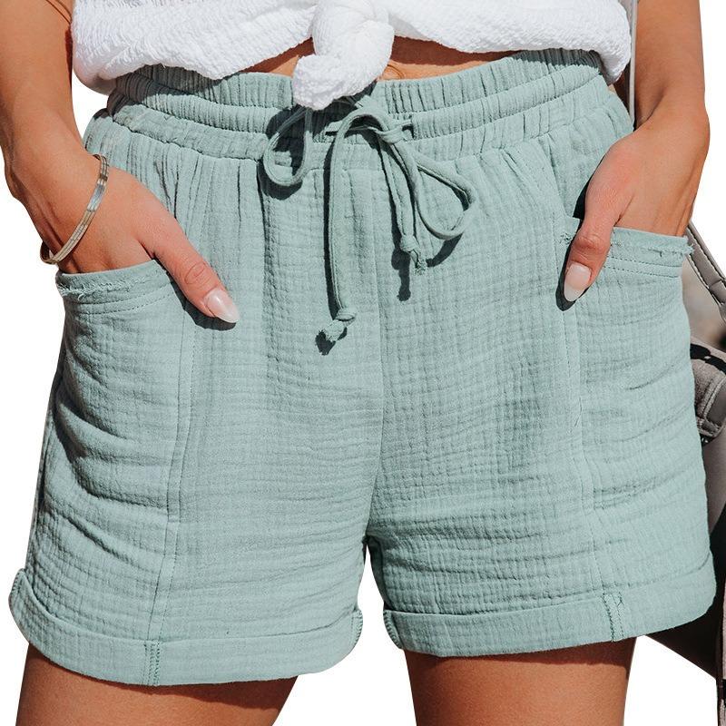 Summer Loose Casual Women Shorts New Fashion High Waisted Pleated Lace-up Wide Leg Shorts for Women Elegant Ladies Pockets Cotton Short Pants 1012