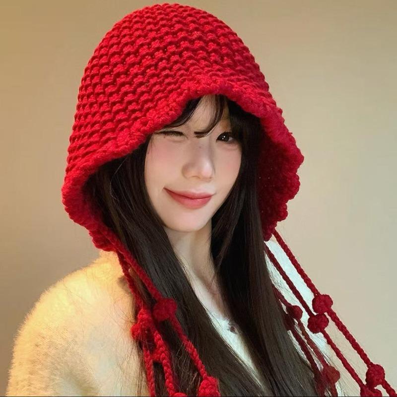 Winter Handmade Fashion Fringed Ball Wool Hat Thickened Thermal Bald Hat Women's Ear Protectors Straps Knitted Hat Tide