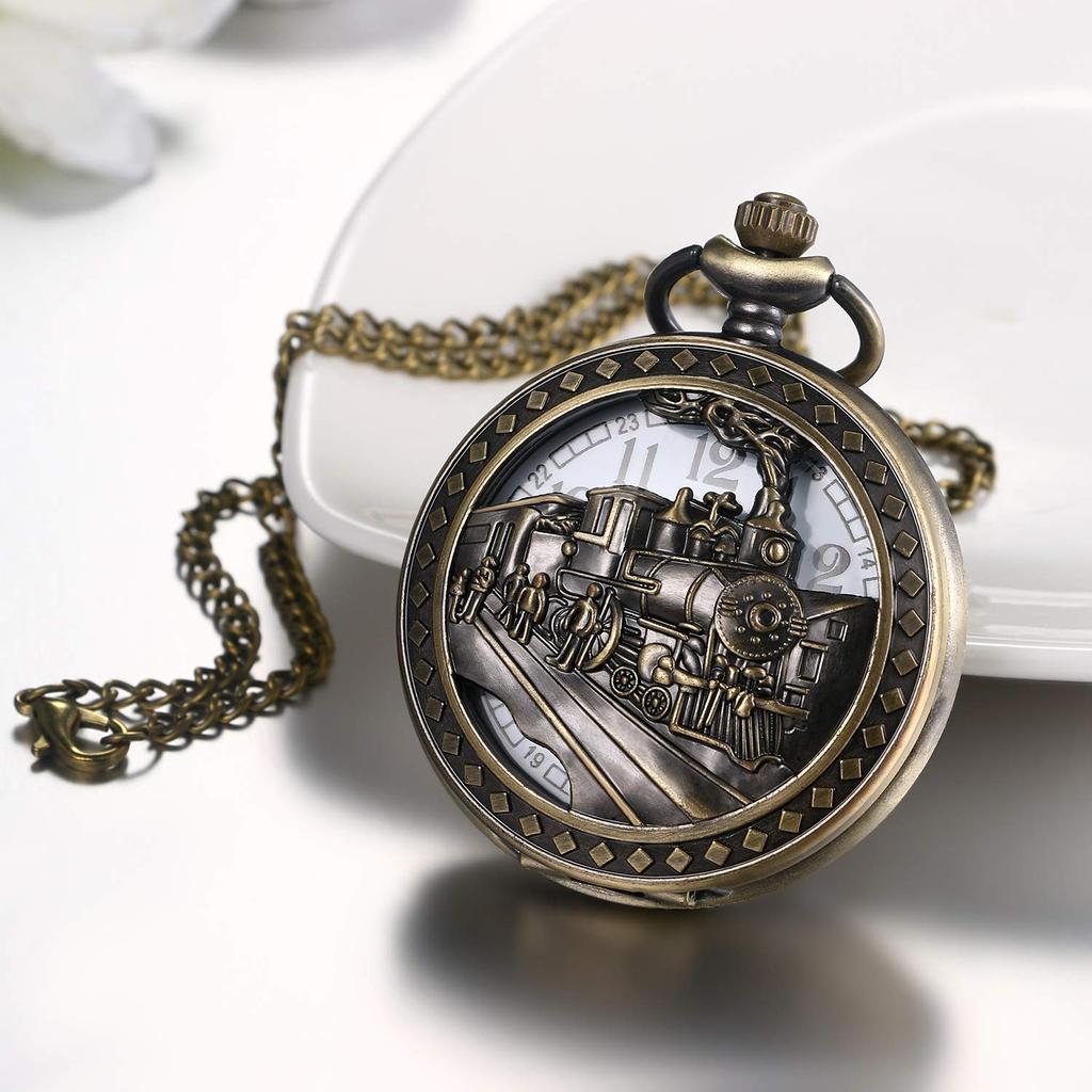 JEWELRYWE Карманные часы Антикварные часы с подвеской в виде поезда Аналоговые карманные часы с подвеской на шею Часы для мужчин Церемония совершеннолетия День рождения Годовщина