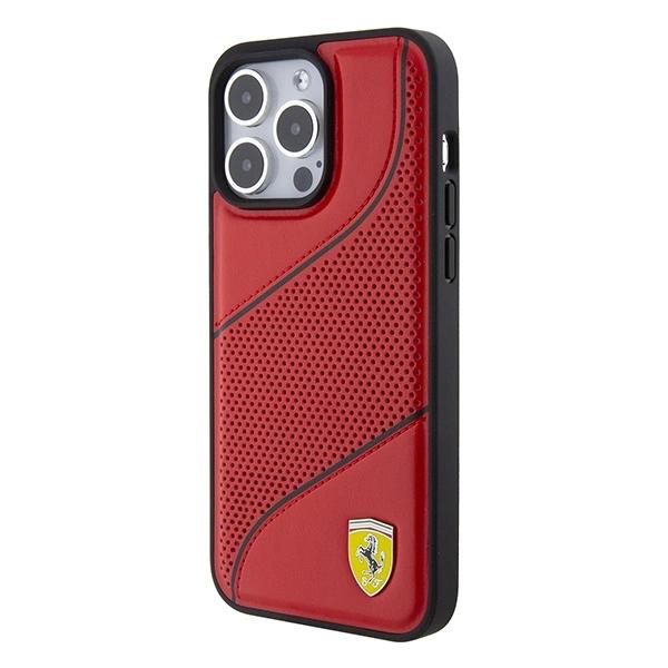 Ferrari Perforated Waves Metal Logo Case For Iphone 15 Pro - Red