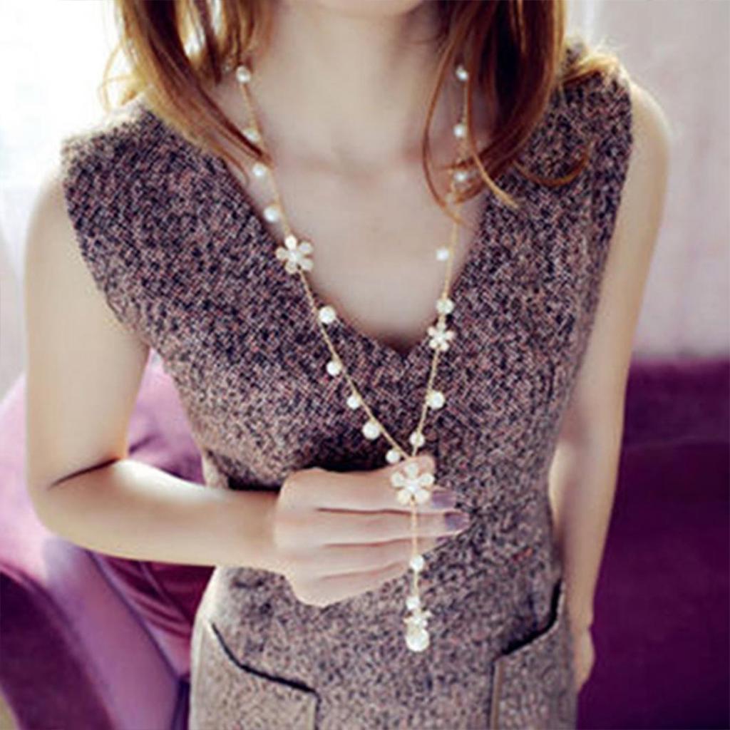 Women's Fashion Korean Style Faux Pearl Flowers Long Necklace Sweater Chain AVE
