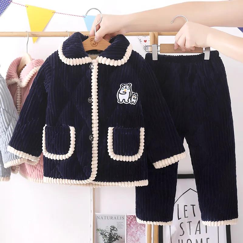 Детские фланелевые пижамы, осенне-зимняя коралловая бархатная утепленная детская хлопковая детская домашняя одежда для мальчиков и девочек