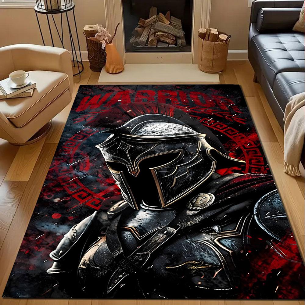 Warrior Helmet with Red and Black Design Patterned carpet, non slip mat suitable for living room and bedroom sofas
