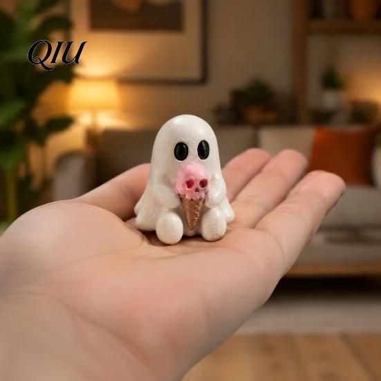 Portable Halloween Ghost Figurines Mini Decorative Figurine, 3D Printed White Statue with Cute Resin Ornaments Pink Skull Ice Cream, Desktop Ornament