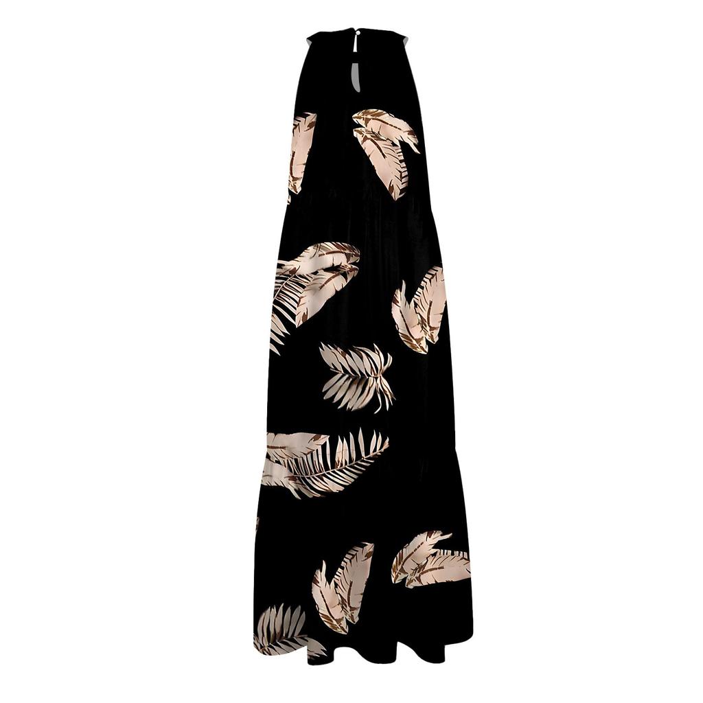 Women's Summer Sleeveless Solid Color Printed Loose Splicing Casual Hanging Neck Beach Dresses