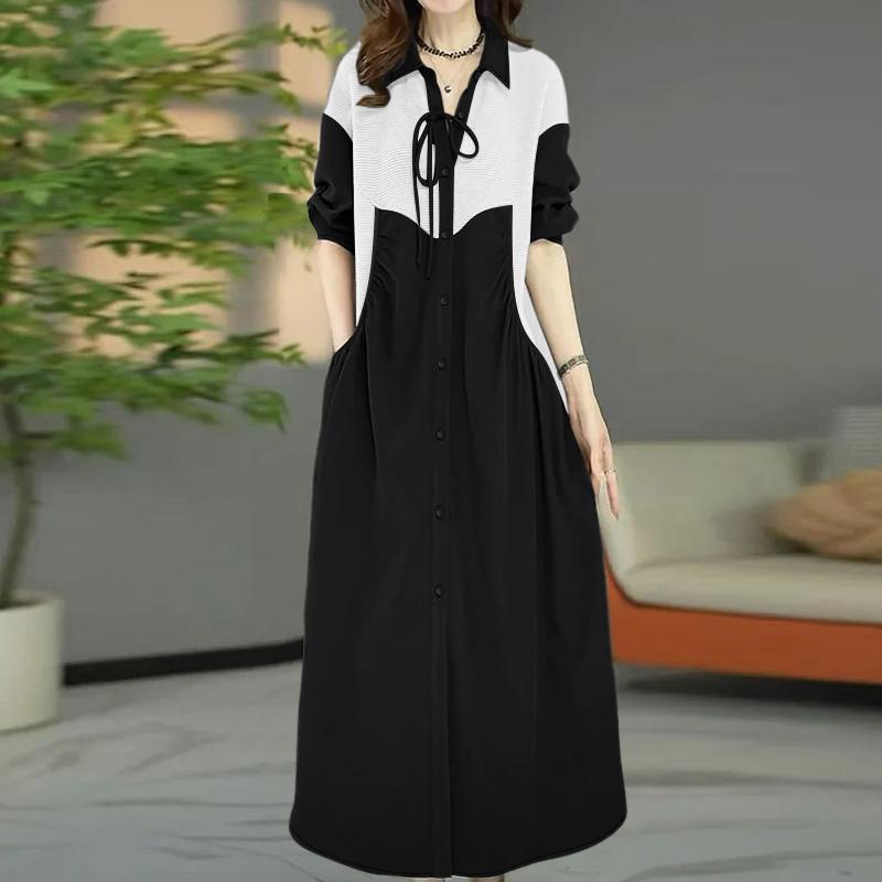 ZANZEA Женское повседневное платье свободного кроя с длинными рукавами и отложным воротником, в стиле пэчворк