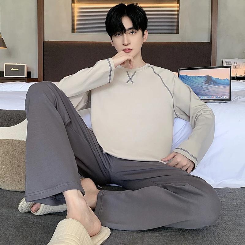 Мужской пижамный комплект Весна Хлопок Повседневная пижама Минималистский стиль Длинная домашняя одежда для отдыха Модная ночная одежда для мальчиков