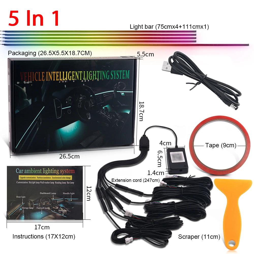 5 in 1 6 in 1 Car Atmosphere Lamp RGB Rainbow 213 Color LED Acrylic Strip Fiber Optic Symphony Interior Decoration Ambient Light