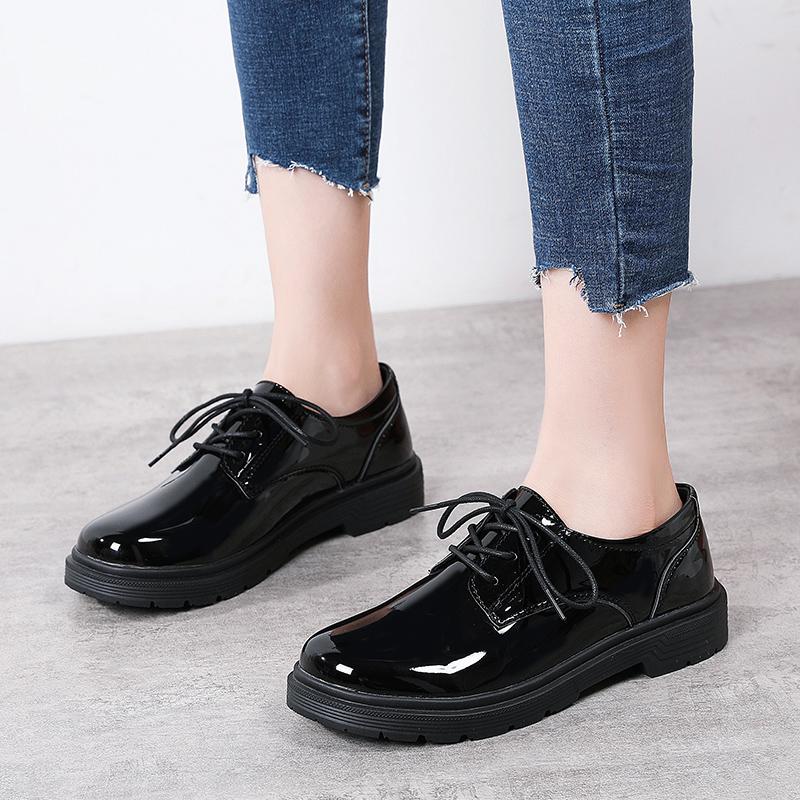 Spring British Style Student Girl Leather Shoes Full Black Office Business Lace Up Women Oxford